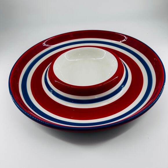 Patriotic Red White Blue Stripe Tag Round Chip n Dip plate server - Picture 3 of 5